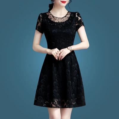 Damen Sommer Kurzarm O-Ausschnitt Elegante A-Linien Kleider Einfarbig Spitze Aushöhlung Mini Kleid