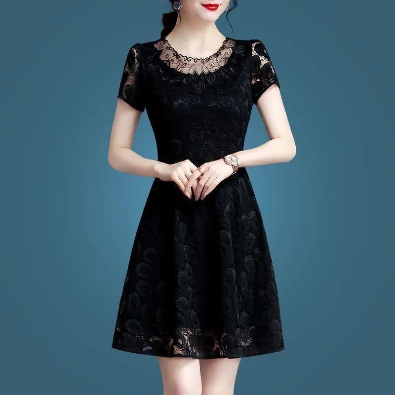 Women's Summer Short Sleeve O-Neck Elegant A-Line Dresses Solid Color Lace Hollow Out Mini Dress