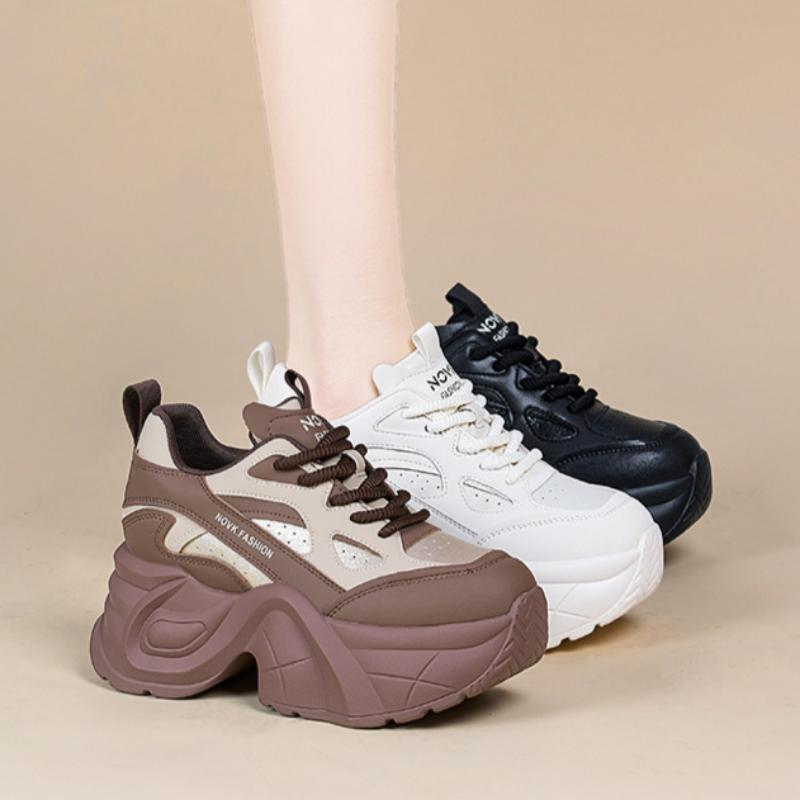 Women's Autumn and Winter Thick-soled Casual Genuine Leather Breathable Sports Shoes with Inner Height Increase Dad Shoes