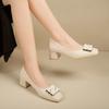 Verão Novo Feminino Couro Genuíno Francês Cartão de Leite Salto Grosso Salto Alto Sapatos de Trabalho Couro Macio Não Cansam Sapatos Únicos