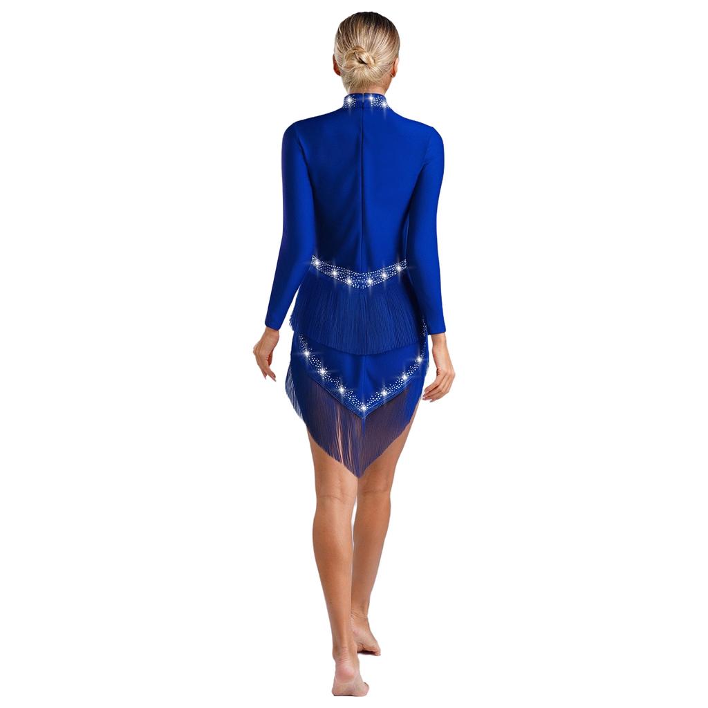 Womens Latin Dance Dress Mock Neck Long Sleeve Irregular Hem Shiny Rhinestones Tassel Performance Costume