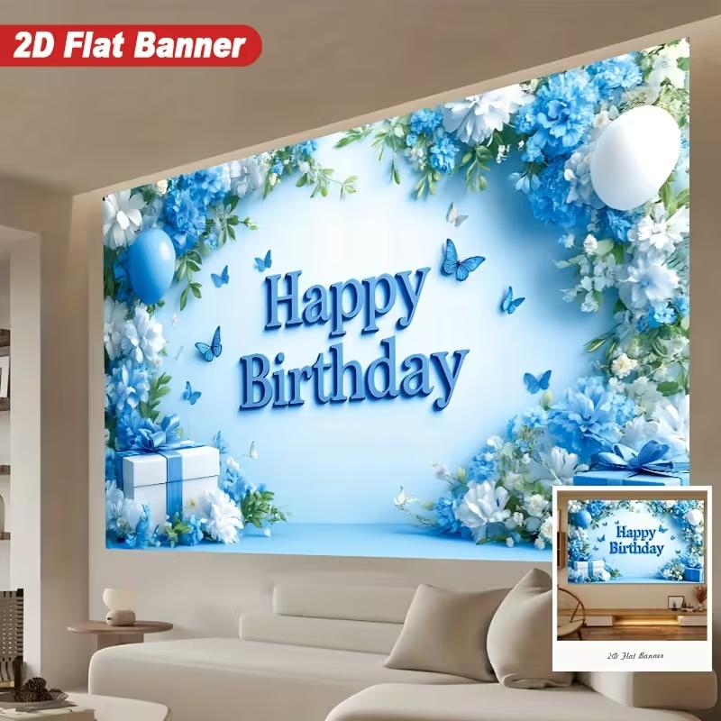 

2D Blue Floral Butterfly Happy Birthday Backdrop for Romantic/Minimalist Themed Party 47.2x31.5inch/120*80cm