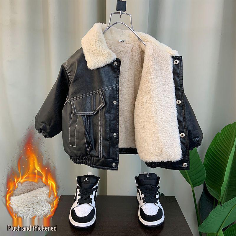 Chlapecká kožená bunda s fleecovou podšívkou, trendy a cool podzimní kabát pro malé děti (2025)