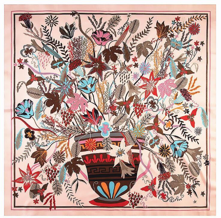 130cm*130cm High Quality Luxury Brand Large Square Scarves Colored Sketch Flower Pots Silk Scarf For Women Headband