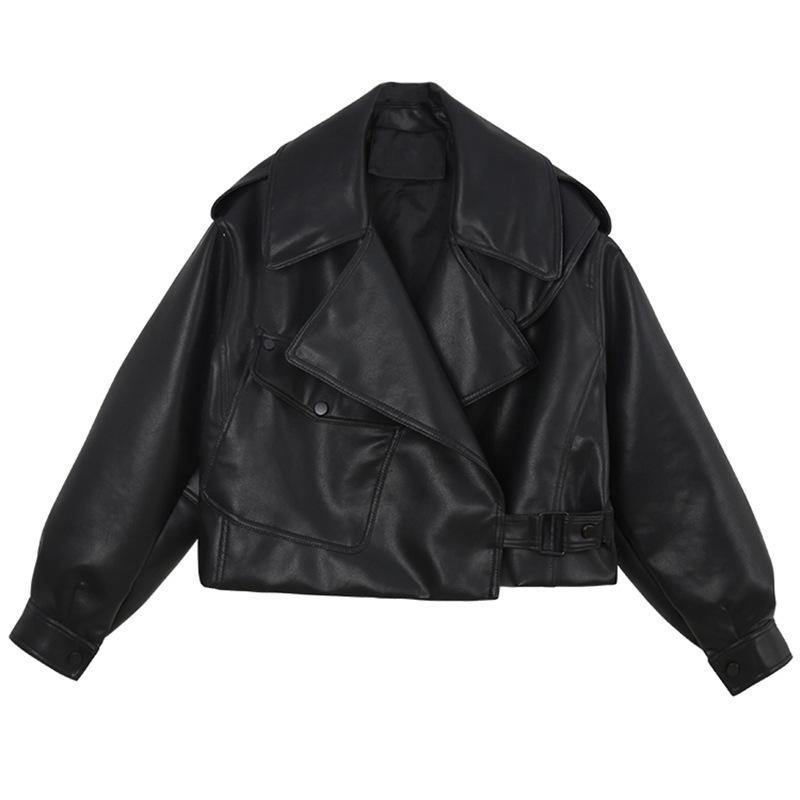 2025 Spring Korean Style Loose Fit Women's Leather Jacket with Long Sleeves
