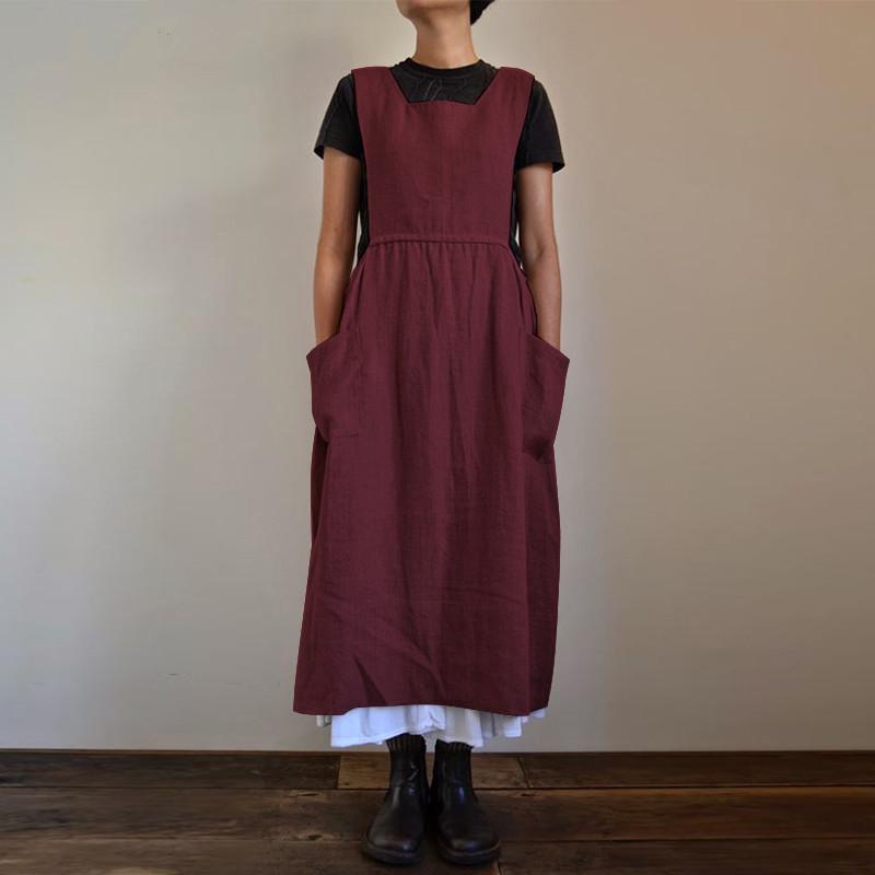 Women's Cotton Linen High Waist Long Apron Dress (2023)