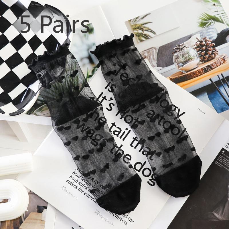 5 Pairs of Women's Spring and Summer Striped Lace Love Glass Silk Socks