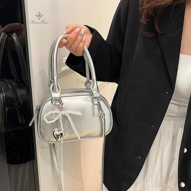 Cute Trendy Women'S Mini Shoulder Bag Fashion Pu Leather Bow Female Crossbody Bag Elegant Silver Party Handbag Sweet Small Purse