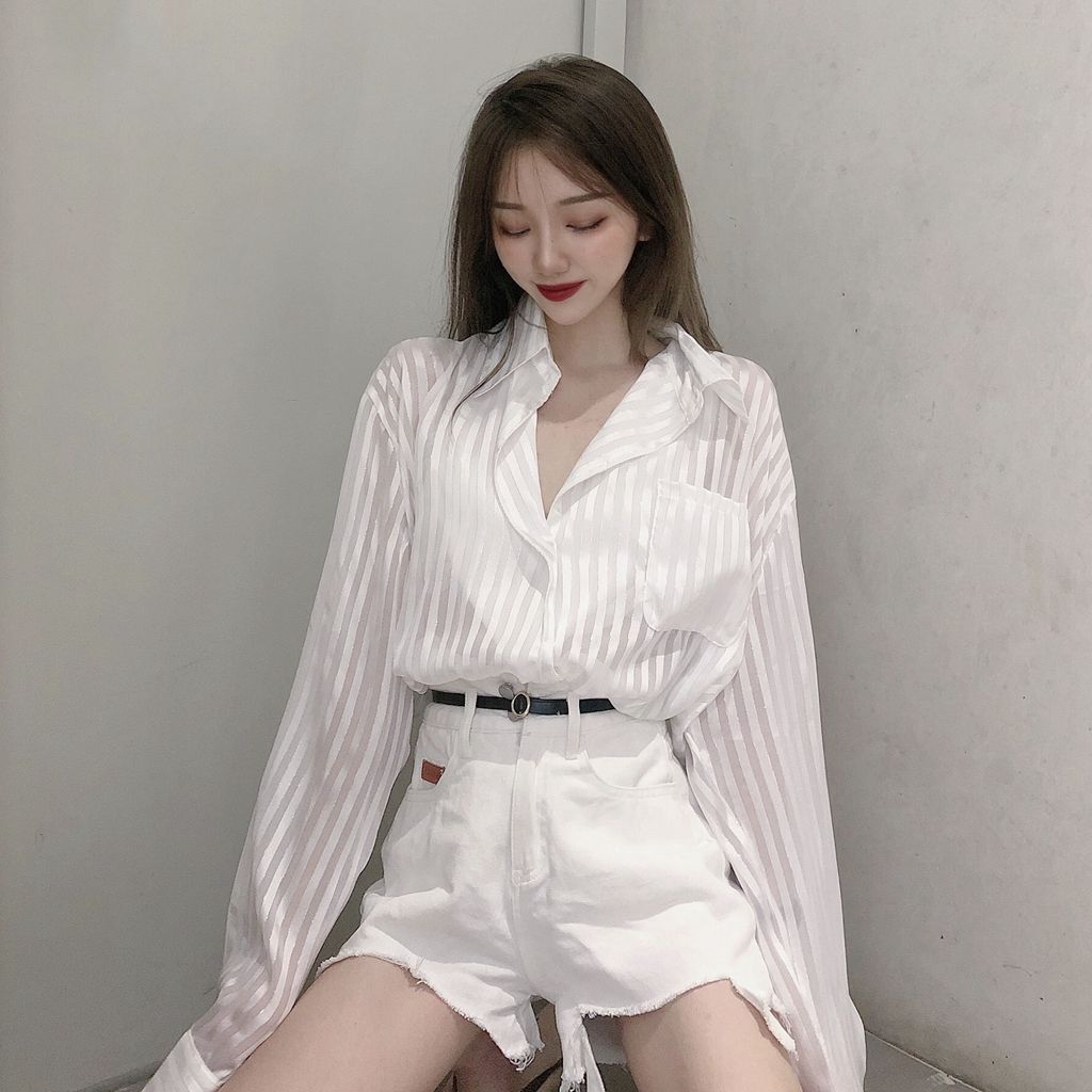 White French Style Shirt with Women's Long Sleeves and Striped Design Niche Loose and Versatile Bright Silk Sunscreen Shirt Thin Jacket Summer