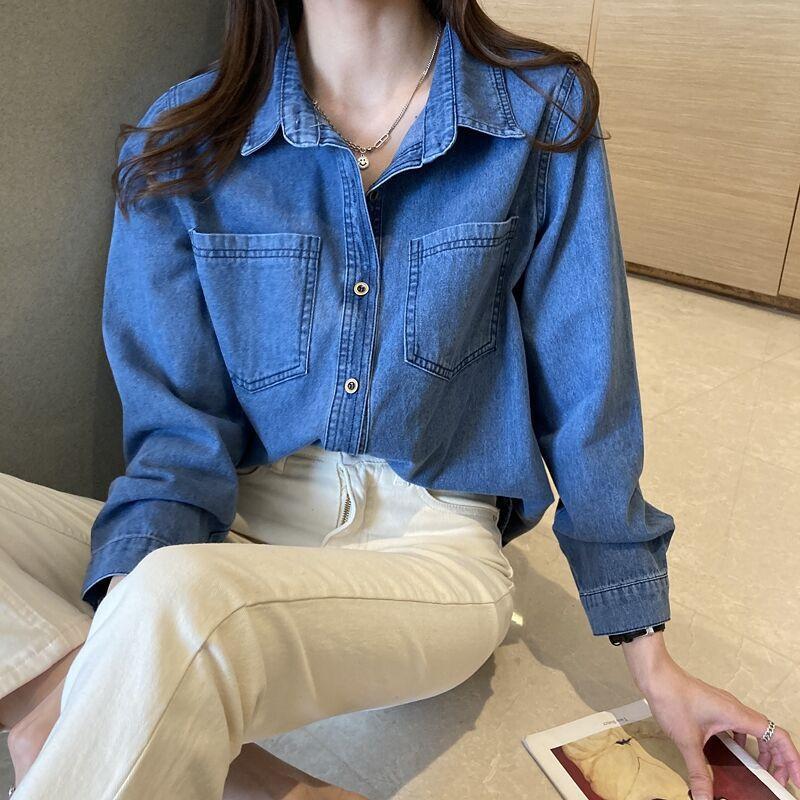 Retro Navy Denim Shirt For Women With Long Sleeves And Pockets For Casual Office Wear