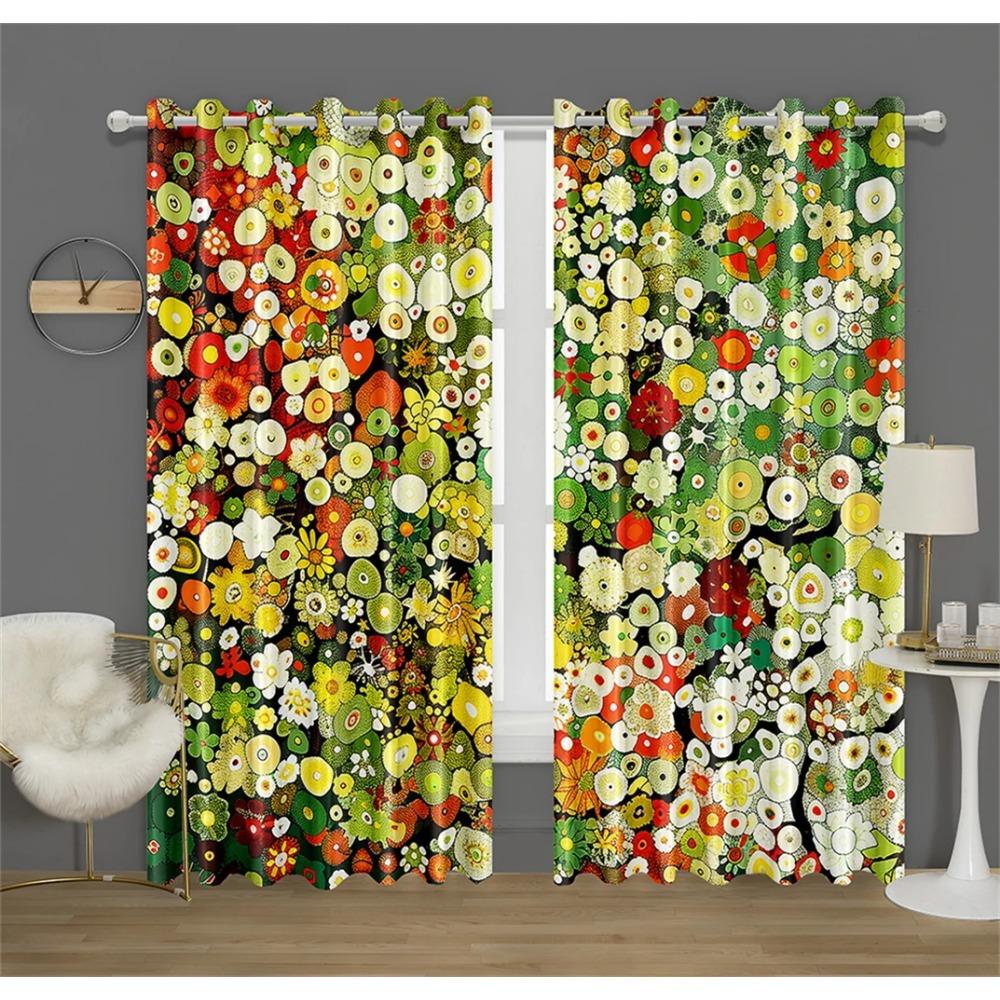 Colorful Rich Flowers Pattern Curtains Green and Peach Flowers Kitchen Decor Curtains Bedroom Living Room Window Decor 2 Panels