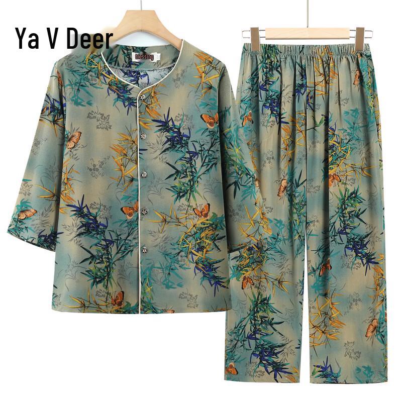 Yalu Elderly Women s Floral Cotton Silk Cardigan Two-Piece Set XL