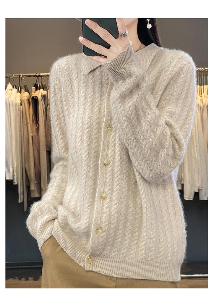 Women's Slim Cable Knit Cardigan with Cashmere Collar - Versatile Autumn/Winter Style