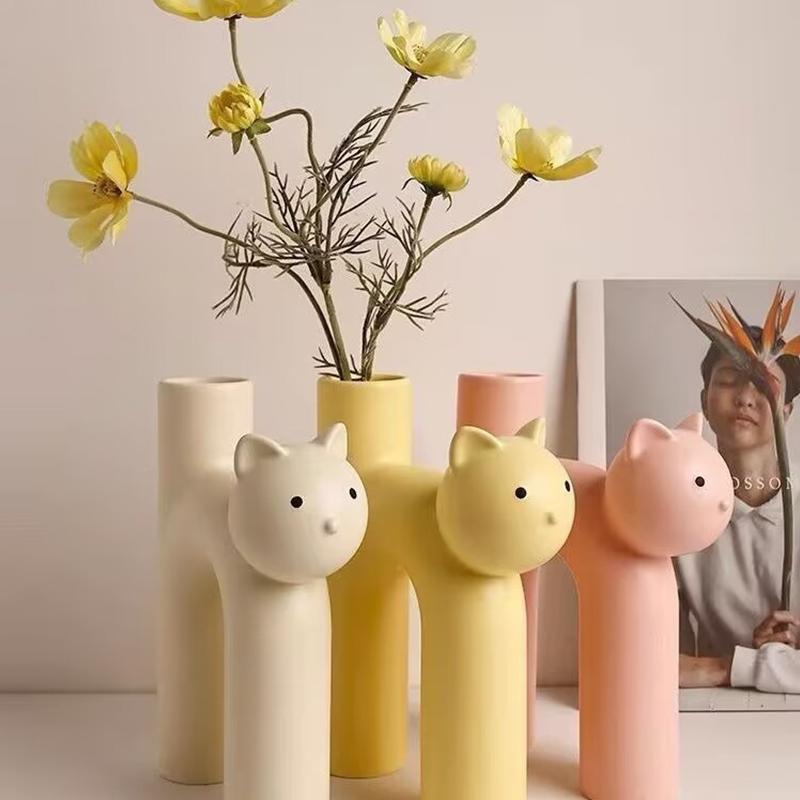 Nordic Cute Cat Shape Flower Vase Creative Resin Home Decor Living Room Entrance Tabletop Ornament Plant Hydroponics Container