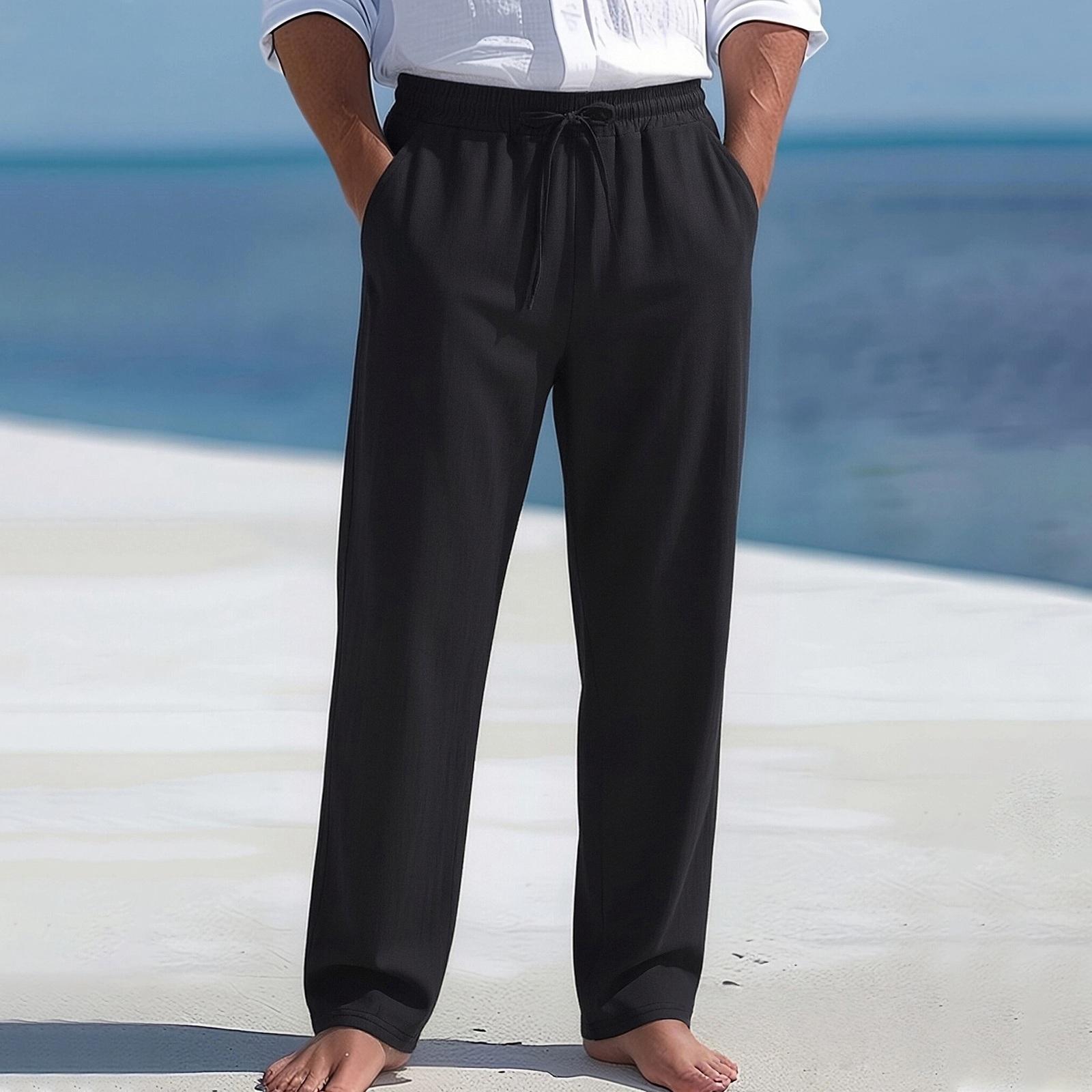 Men s Cotton And Linen Drawstring Wide-leg Pants - Breathable Straight-leg Pants - Loose Trousers XL чёрный