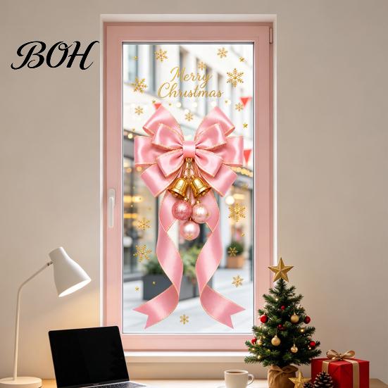 Reusable Christmas Decals Static Glass Sticker, Theme Bow Pattern Print, Removable Indoor Holiday Ornaments Electrostatic PVC Film for Home And Store