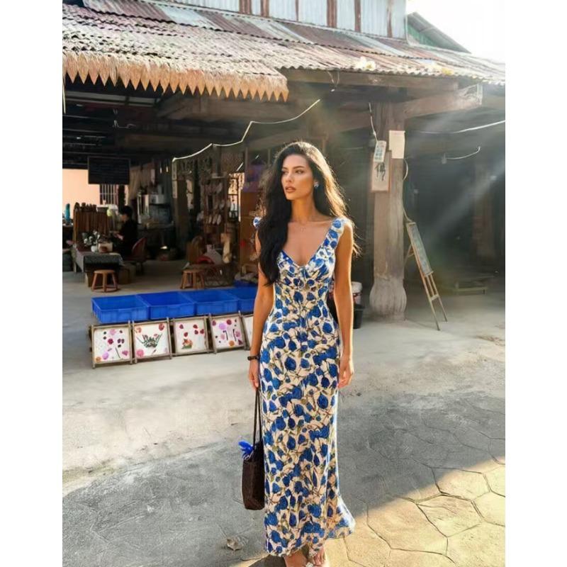 Spot estate europea e americana nuovo abbigliamento donna sexy scollatura profonda Spice Girls stile vacanza stampa retrò aderente abito con spalline