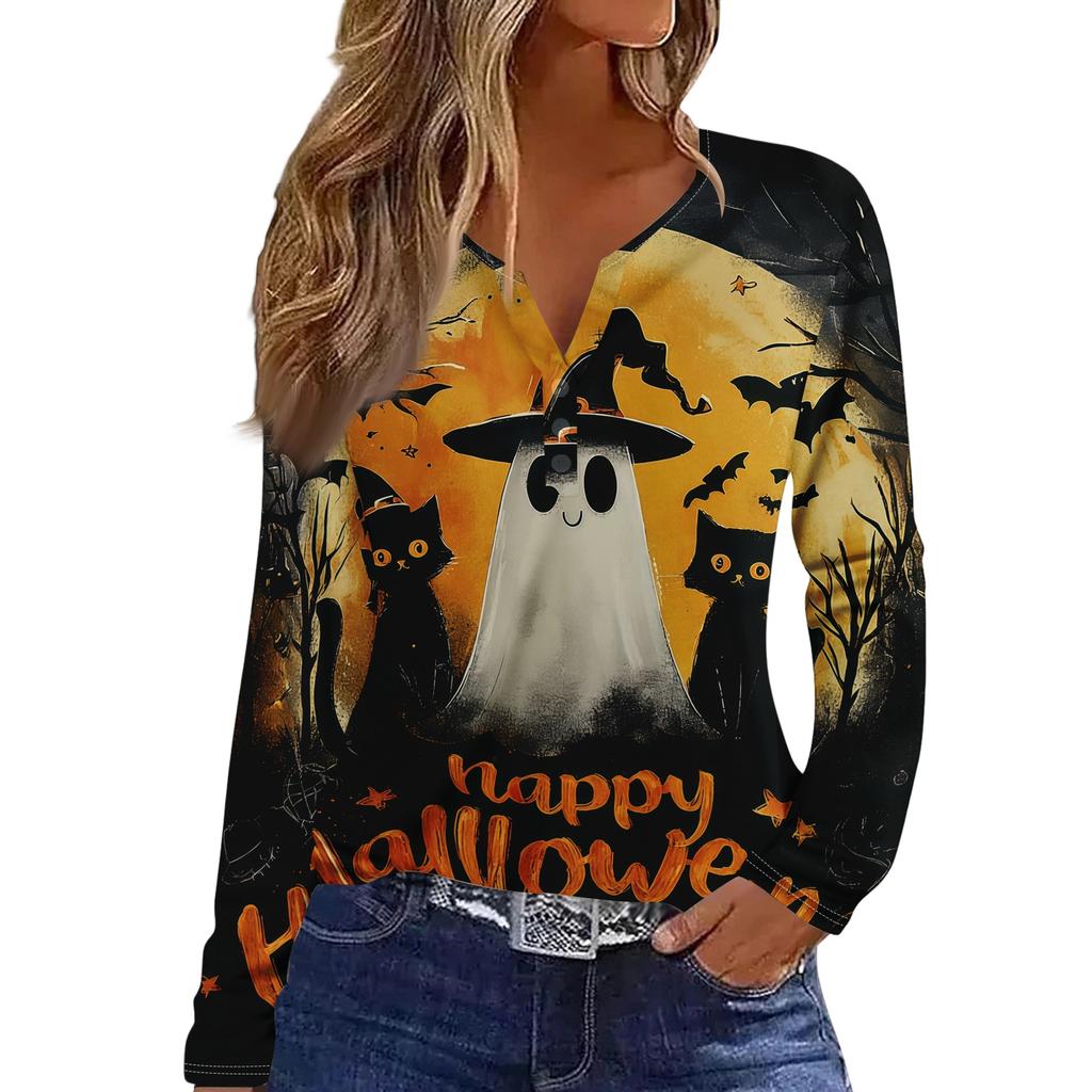 Women's Long Sleeve V-Neck T-Shirt with Button and Halloween Print Casual Top