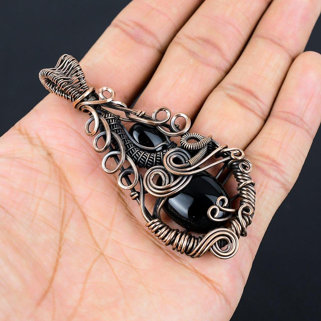 Svart onyx-smycken, 999 koppartråds-lindad hängsmycke, Handgjorda ädelstenssmycken, Gåvor till fru, Helt nytt hängsmycke
