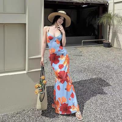 Dopamine Sexy Print Vacation Dress Women's New Island Suspender Skirt Slim Backless Strap Skirt