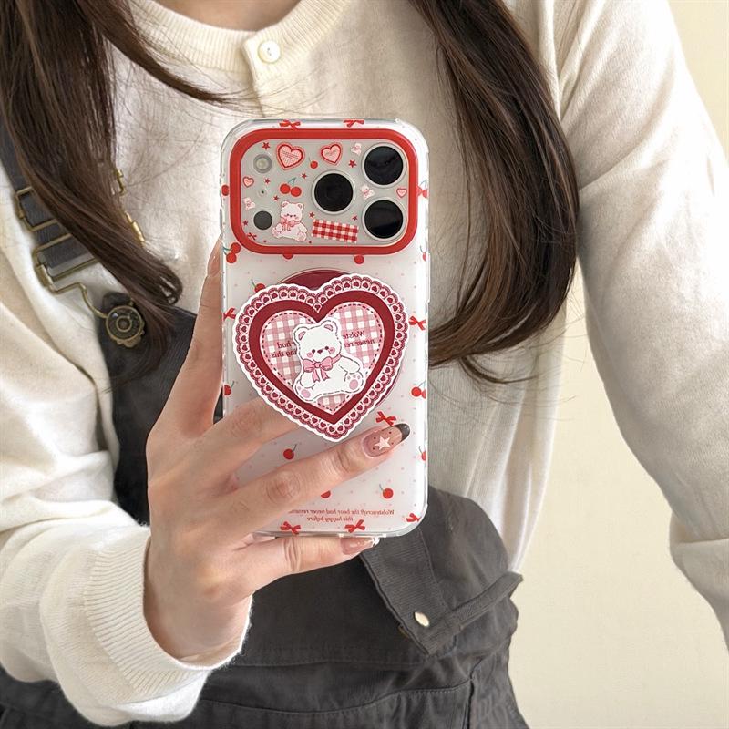 Cherry Heart Bear Magnetic Stand Phone Case for iPhone 17/16 Pro Max/15/14