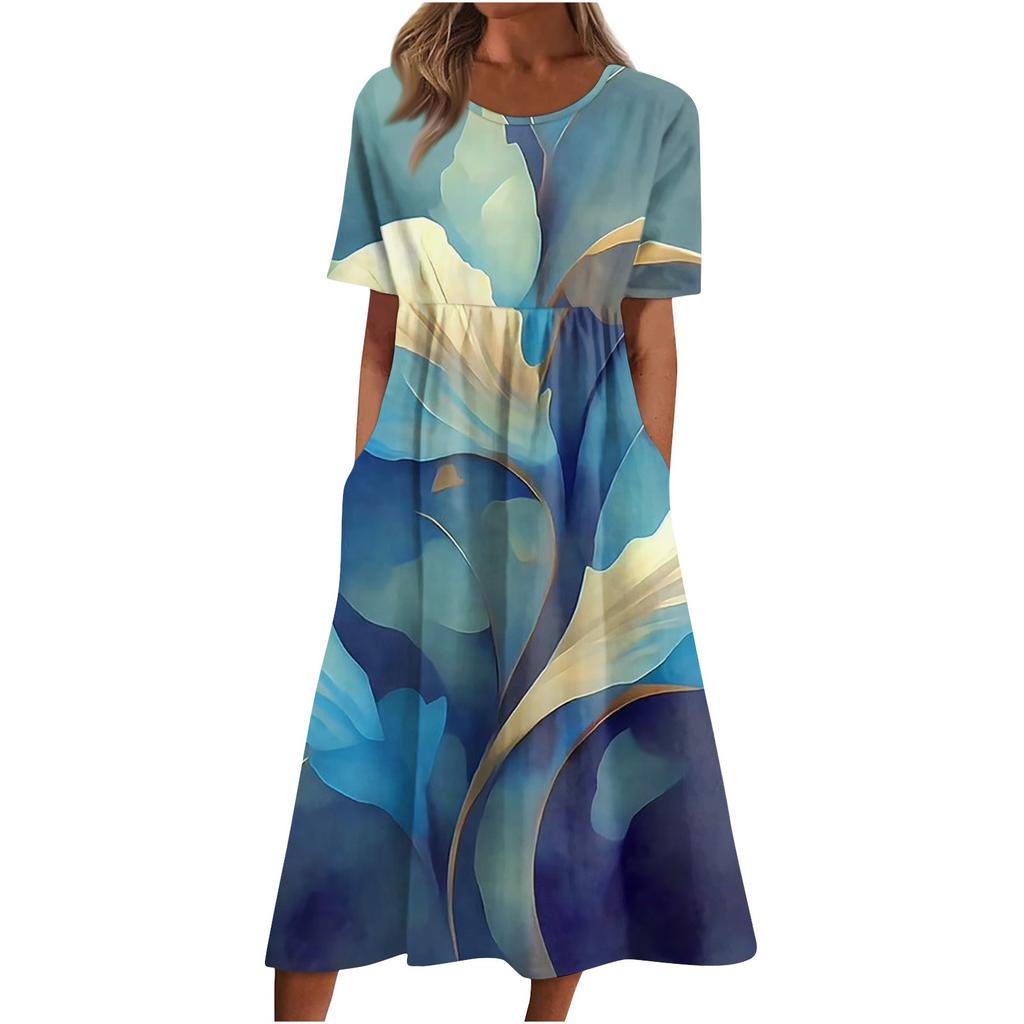Women's Casual Dresses Printed Dresses Summer Dresses Printed Pleated Round Neck Midi Dresses Basic Classic Outdoor Daily Short Sleeve Loose Dresses