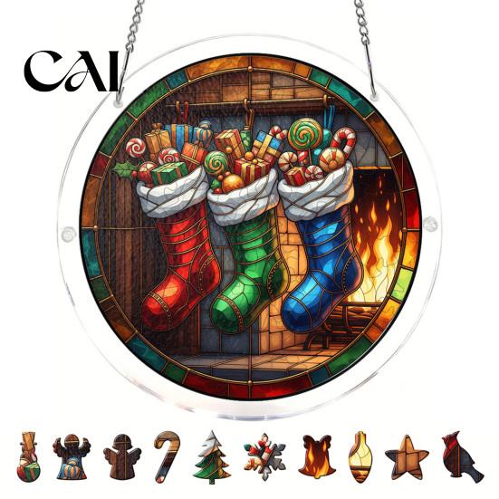 Stained Glass Window Art Christmas Acrylic Puzzle Suncatcher, Holiday Tree Snowman Stockings Red Bird Sun Catcher Suncatcher Kit for Adults,
