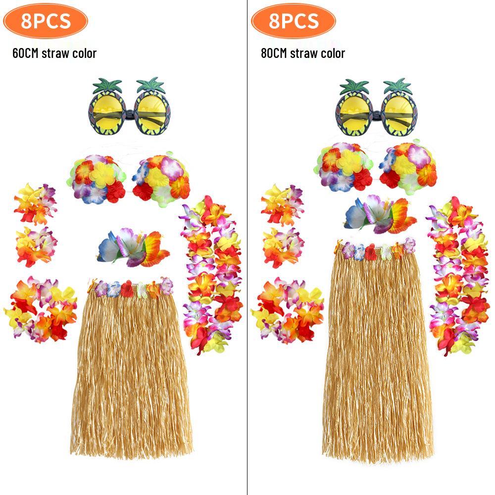 

Hawaiian Hula Skirt & Garland Set - 8-Piece Beach Party Costume Props (2019) 60cm Skirt 8-Piece Set