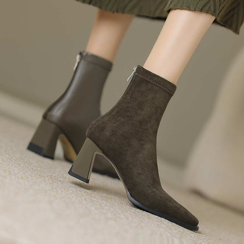 Krazing Pot Microfiber Flock Winter Square Toe Thick High Heels Slip on Stretch Boots Stovepipe Women Ankle Boots