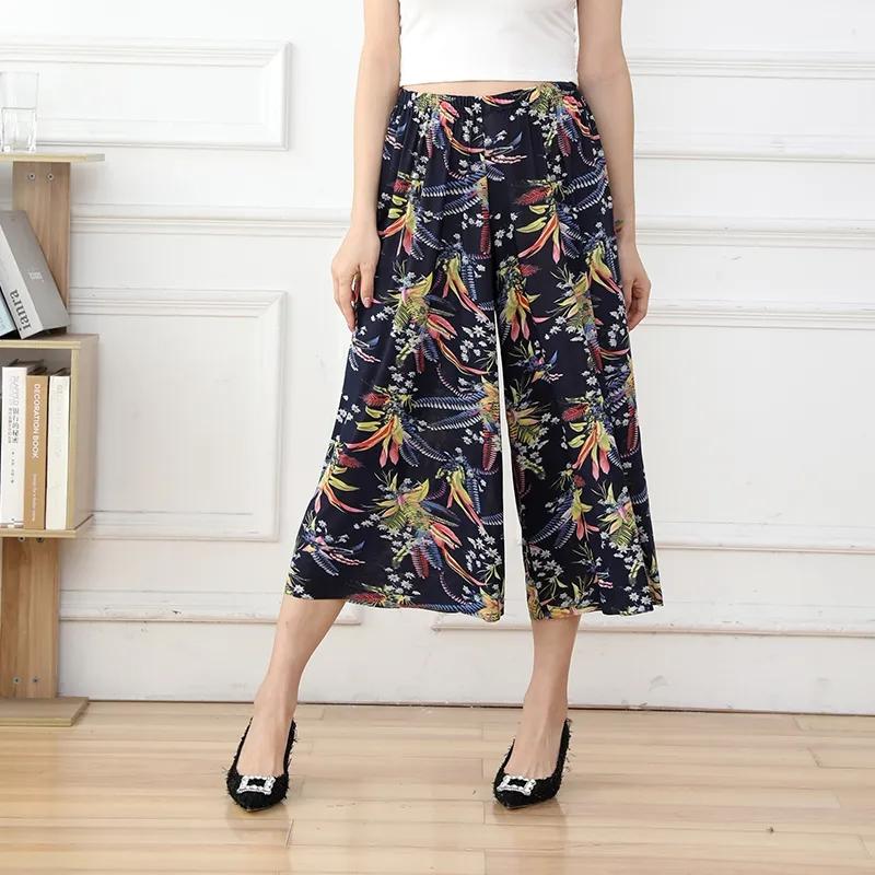 

Женские летние повседневные брюки-кюлоты большого размера с высокой талией и широкими штанинами, свободные тонкие укороченные брюки с эластичной резинкой на талии и цветочным принтом One Size