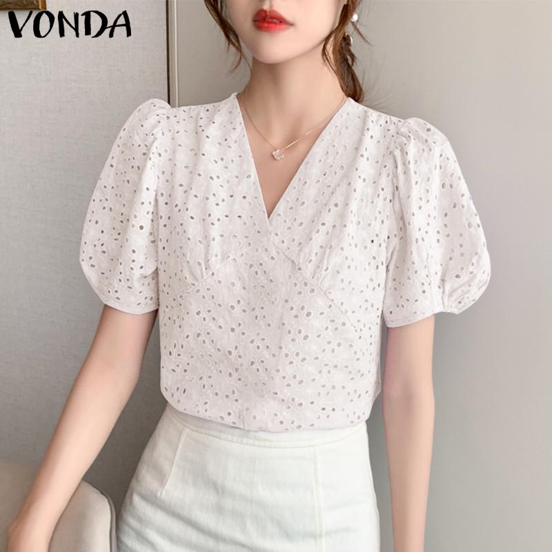

VONDA женские летние хлопковые топы с пышными рукавами и V-образным вырезом