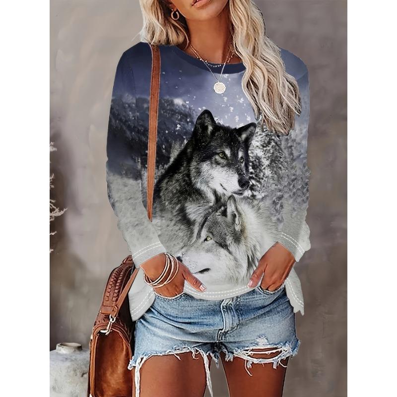 Women's Sleeves Stitching Fox Print Round Neck Long Sleeve Party Autumn Casual Pullover 3d Printing Casual Fashion Tops