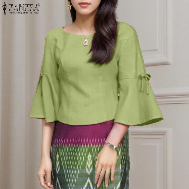 ZANZEA Women Casual Round Neck Solid Color 3/4 Sleeve Blouse
