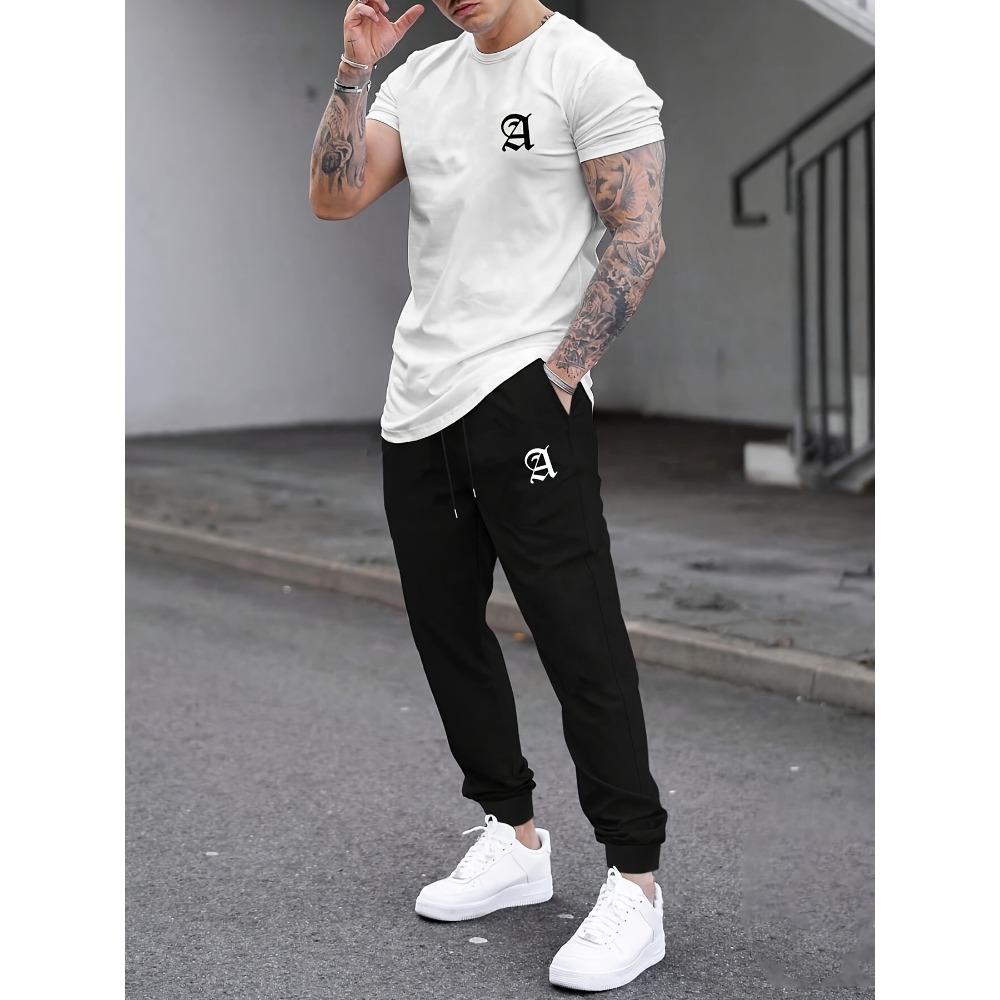 

Men s Short Sleeved Pants with Printed Patterns, Spring/summer Round Neck T-shirt Drawstring Casual Sports Pants, Outdoor Casual Suit XXL
