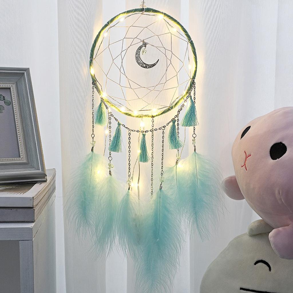 Elegant Feather Wind Chime with Dream Catcher Net, LED Pendants - Creative Handmade Gift for Her"