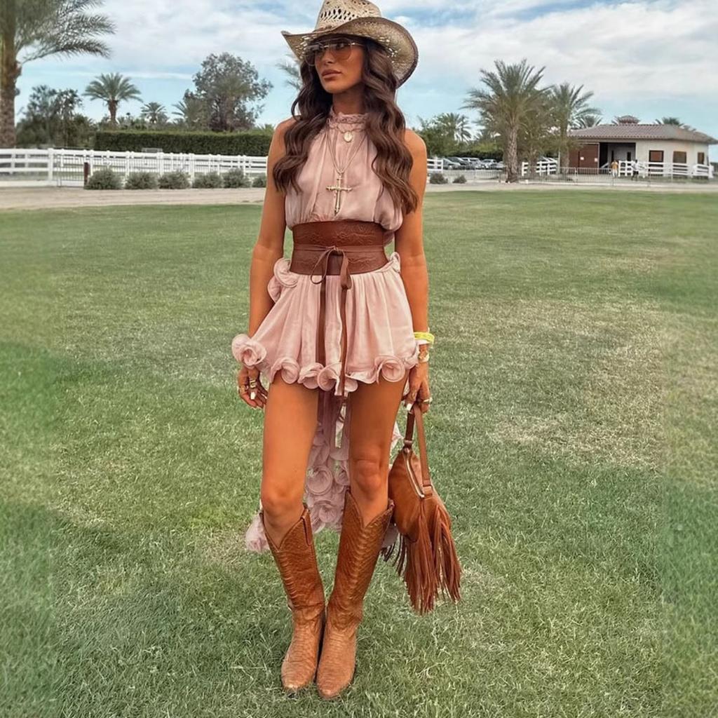 Women's Loose Fit Two-piece Skirt Suit Sleeveless Chiffon Top Belted Waist Ruffle Mini Skirt Co-ord Set