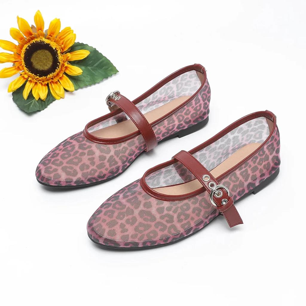 Fashion Leopard Mesh Design Flat Ballet Shoes Women Round Toe Soft Bottom Brand Slippers Breathable Comfortable Fashion Mary Jane Shoes