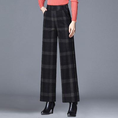 Pantalones de Lana de Pierna Ancha para Mujer Otoño Invierno Nuevo Estilo Cintura Alta Caídos Sueltos Rectos Cuadros Casuales de Pierna Ancha Largos