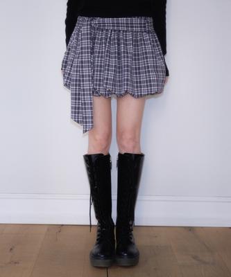 Rose Franz Balloon Check Belted Miniskirt [Black]