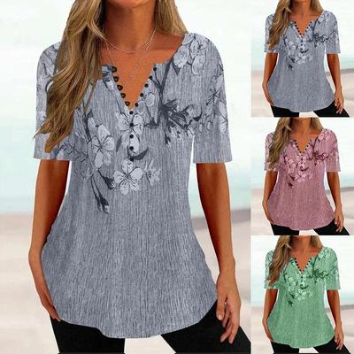 Women's Fashion Casual Summer Floral Print Short Sleeve V-Neck Blouses & Shirts
