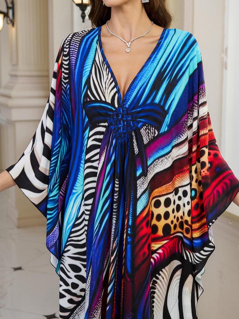 2025 European & American Cotton Printed Beach Dress Women's Long Loose Cover-Up with Sun Protection