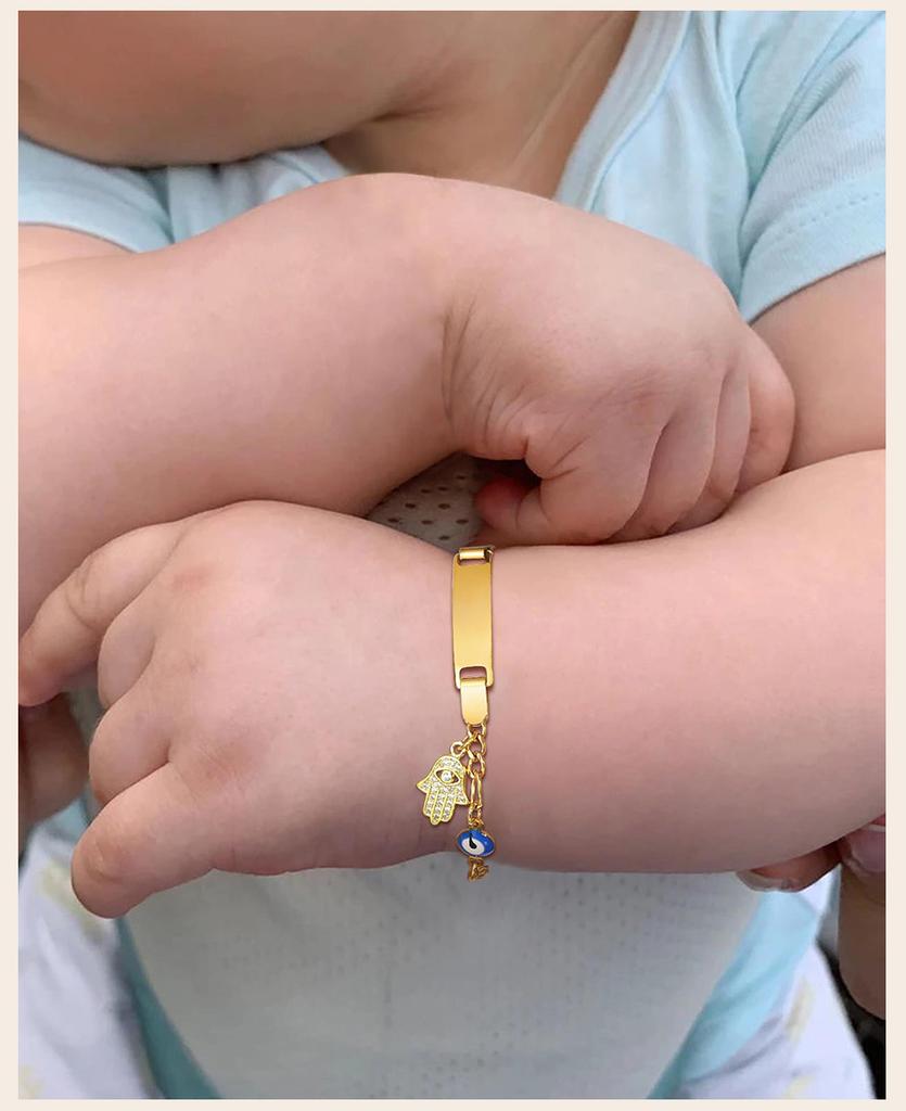 Hamsa Evil Eye Chain Bracelet for Little Boy Girl, Engrave Customized Name Bracelet, Hand of Fatima Lucky Jewelery