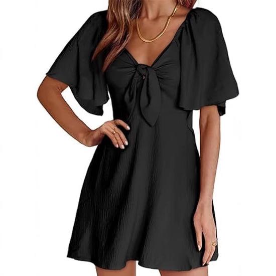 Women's Loose Casual Solid Color V-Neck Bow Tie Short Sleeved Dress Short Sleeved Dress