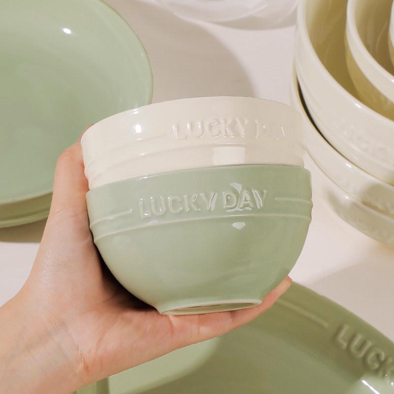 Cream Aesthetic Embossed Ceramic Tableware Set: Rice Bowl, Dish Plate, Fish Plate, Soup Bowl, Noodle Bowl.