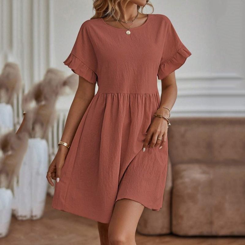 Summer Short Sleeve Women Dress Casual Elegant Round Neck Loose Vintage Dress for Women Fashion Ruffled A Line Lady Dresses 24177