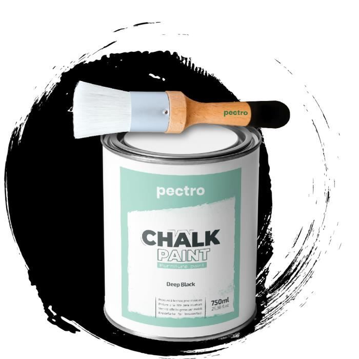 Peinture - Chalk Paint - NOIR PROFOND - 750ml - Effet Craie Naturelle - Brosse En Bois Incluse