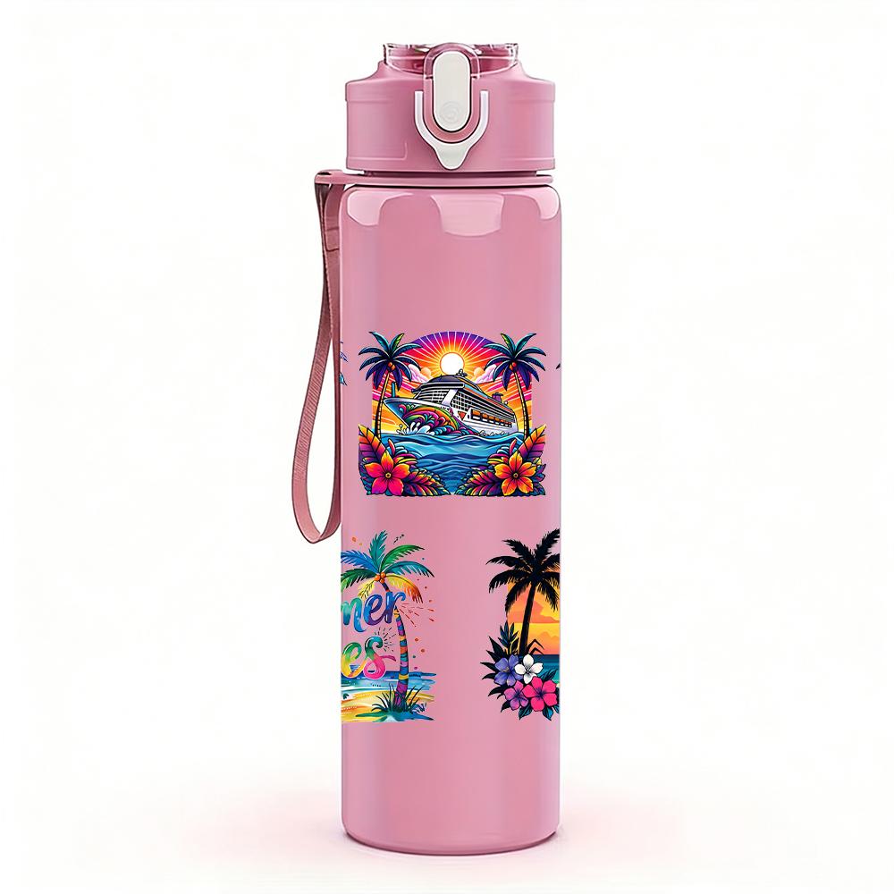 1PC Tropical Palm Island Graphic,750ml Color Plastic Sports Water Bottle,Leakproof Flip Straw Lid,Suitable for Sports Office Home Use