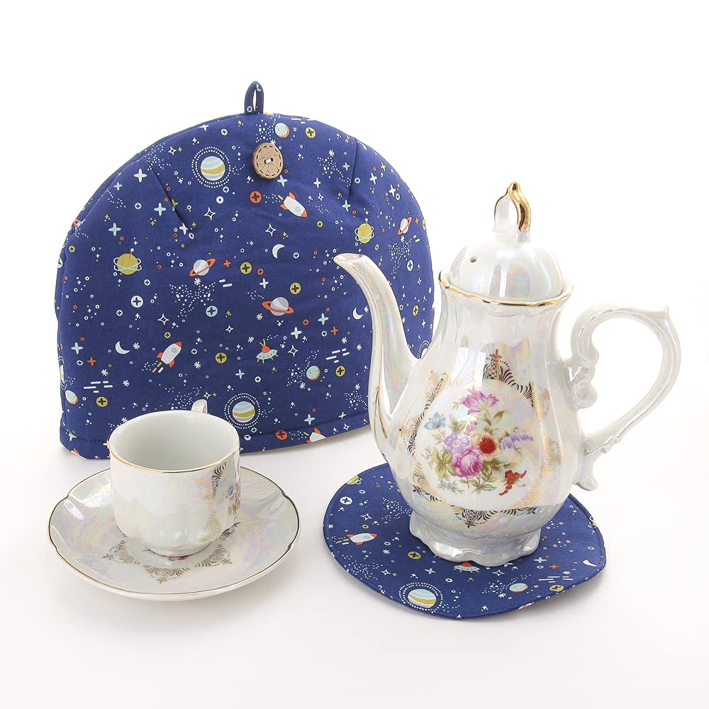 Stylish Scandinavian-style tea cozy with a blue, universe, planet, and garden design. Beige teapot cover. Crafted by artisans Sachiko and Akiko