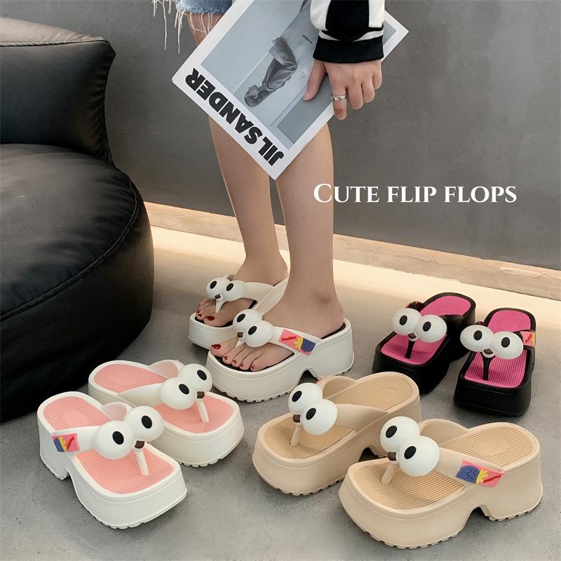 Women's Thick-Soled Summer Flip-Flops: Big-Eyed Dog, EVA, Height-Increasing, Non-Slip Sandals