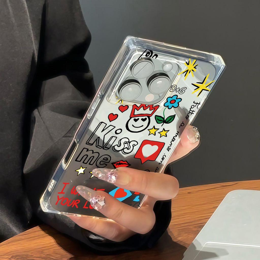 Clear Square Back Tube Case Protection For iPhone 15 Plus 12 13 16 ProMax 14 Pro Max 11 Anti-Oxygen,Love Heart English Pattern Casing